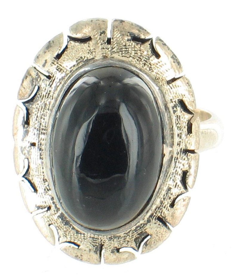 Vintage Sterling Silver Mexico Onyx Aztec Design Oval Cab Ring 6.5 1960s image 1