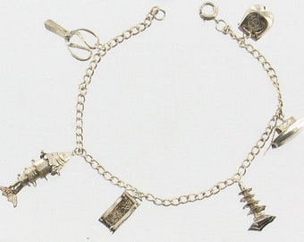 Vintage Sterling Japan Movable Charm Bracelet Fish Pagoda Bonsai Scissors 7&quot;/charm bracelet/fish charm/pagoda charm/japanese charm bracelet