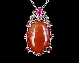 Vintage Silver Karis Carnelian Synthetic Ruby Pendant Necklace / Carnelian jewelry / Ruby Jewelry / Gemstone Jewelry / Gemstone Necklace