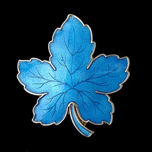 Puede incluir: Un broche de plata con forma de hoja azul. La hoja tiene un patrón de nervaduras detallado y está esmaltada en un color azul brillante.
