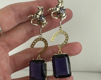 Vintage Designer Gold Over Sterling Equestrian Large Amethyst Dangle Earrings