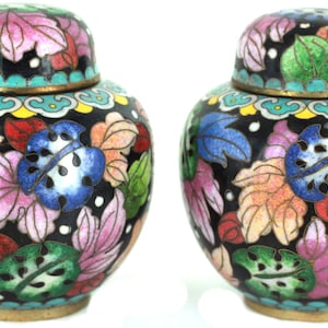 Vintage Republic Of China Colorful Tropical Cloisonne Ginger Jar Pair