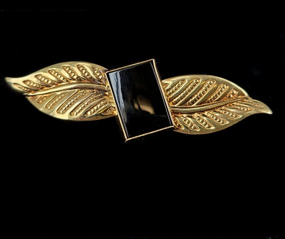 Antique 12k Gold Filled GF Black Onyx Leaf Design… - image 1