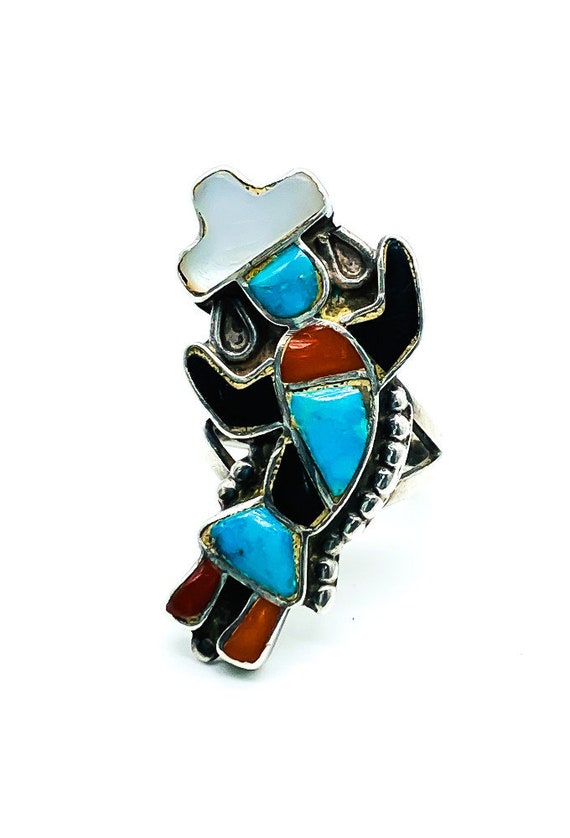 Early Vintage Native American Zuni Turquoise Coral Sterling Silver Inlay Kachina Ring Old Early Vintage Native American Zuni Turquoise Coral Sterling Silver Inlay Kachina Ring Old