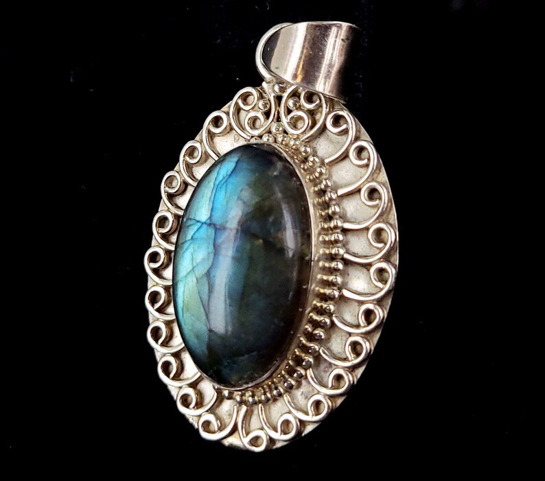 Vintage Sterling Silver Flashy Blue Green Labradorite Bali Design Pendant 2.25 labradorite Jewelry Labradorite Pendant Gifts for her