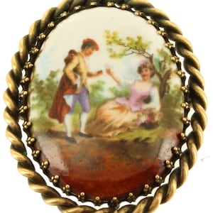 Antique Deco Oval Hand Painted Pin/Dresden Porcelain Tile Plaque Spelter Pin Brooch 2&quot;/Porcelain Plaque/ Hand Painted/Brooch/Court Scene