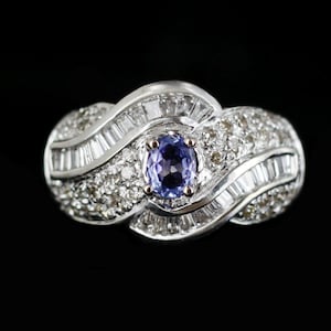 Vintage 14k White Gold Tanzanite Diamond Designer Ring Size 8/ Vintage White Gold Tanzanite Ring/ Vintage White Gold Diamond Ring/