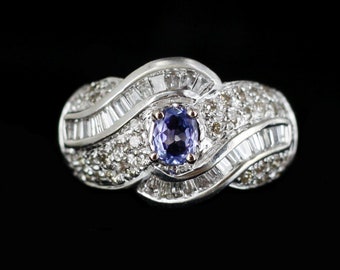 Vintage 14k White Gold Tanzanite Diamond Designer Ring Size 8/ Vintage White Gold Tanzanite Ring/ Vintage White Gold Diamond Ring/