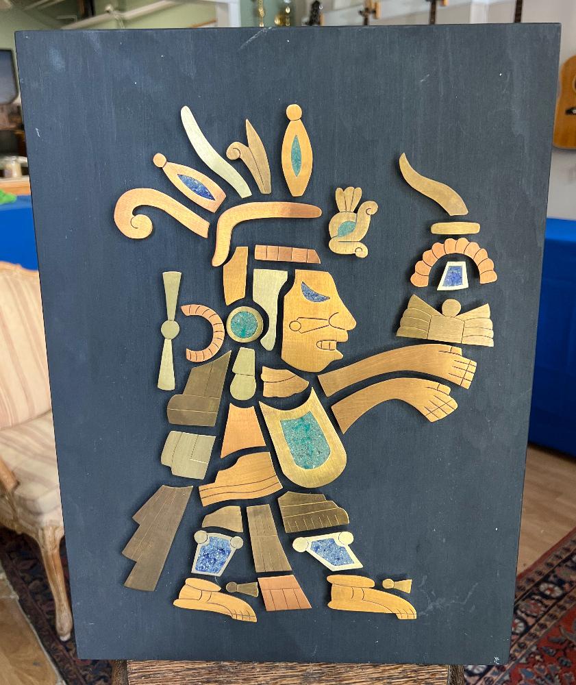 ヴィンテージ メキシコ アステカ戦士 ウォールアート：ターコイズ銅象嵌飾り ヴィンテージ メキシコ アステカ戦士 ウォールアート：ターコイズ銅