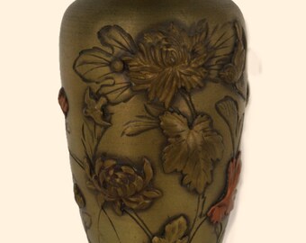 Antike japanische Meiji Zeit Gemischte Metalle Messing & Kupfer Chrysantheme Floral Vase