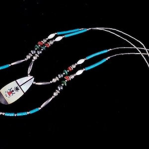 Vintage Sterling Liquid Silver Navajo Turquoise Mother of Pearl Inlay Necklace 30&quot; / Navajo Jewelry / Navajo Necklace / Gemstone Jewelry