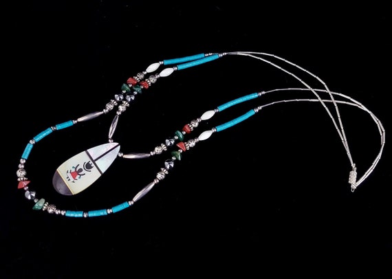 Vintage Sterling Liquid Silver Navajo Turquoise Mother of Pearl Inlay Necklace 30" / Navajo Jewelry / Navajo Necklace / Gemstone Jewelry