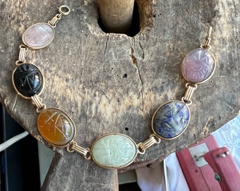 Antique Deco 10k Gold Lapis, Rose Quartz, Jade, Scarab Gemstone Bracelet 7.5&quot;