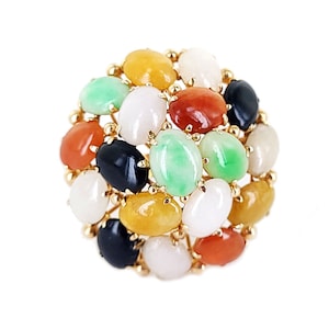 Vintage 14k gold 25ct Green White Black Yellow Jadeite Jade Cluster Dome Ring s8 / MCM Ring / Jade Jewelry / Gemstone Jewelry /Gifts for her