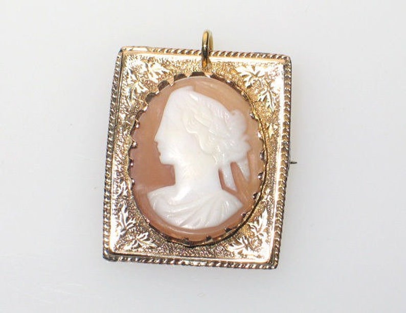 Antique 10K Gold Ornate Engraved Square Shape Left Face Cameo Pin Pendant VictorianCivil War Reenactment PinEarly Victorian Cameo Lovely