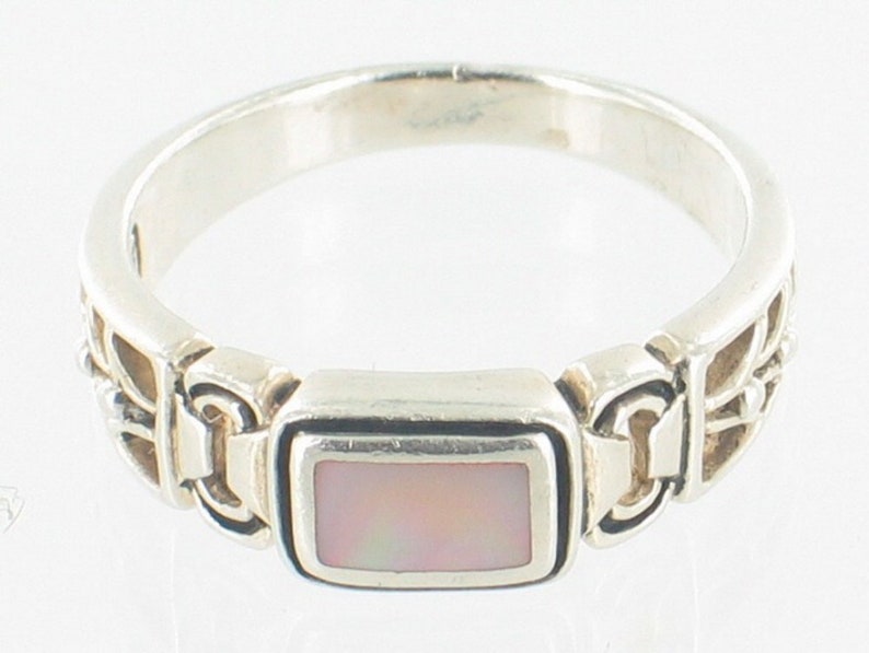 Vintage Pretty Sterling Mop Mother Of Pearl Band Ring Cut-Outs Sz 7.25