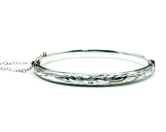 Vintage Mid Century Etched Sterling Silver Bangle Bracelet 7"/ Vintage Sterling Silver Bangle Bracelet/ Sterling Silver Bangle/ Etched 925