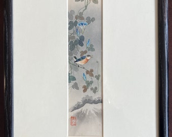 Vintage Deco Japanese Art Watercolor Painting Original Flowers Birds Framed Showa ca 1930/ Good Gift/ Gift for Her/ Gift for Him/Watercolor