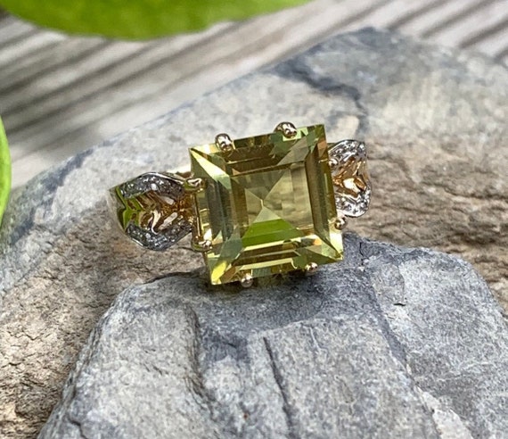 Vintage 10k Yellow Gold Lemon Quartz Diamond Deco… - image 1