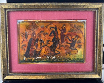 Antique Middle Eastern Framed Miniature Hand-Painted Scene/ People Scene/ Gift / Nice Size