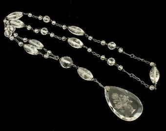 Antique Chinese Deco Sterling Carved Rock Quartz Link Pendant Y Necklace 30"