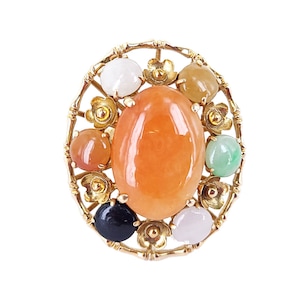 Vintage 14k gold 7ct Green White Black Orange Jadeite Jade Flower Ring sz 6.5  MCM Ring / Jade Jewelry / Gemstone Jewelry / Gifts for her