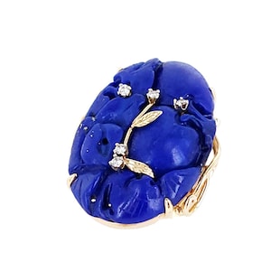 Vintage MCM 14k Yellow Gold Carved Lapis Lazuli Diamond Large Statement Ring s 7 / MCM Ring / Carved Gemstone Jewelry / Gemstone Jewelry