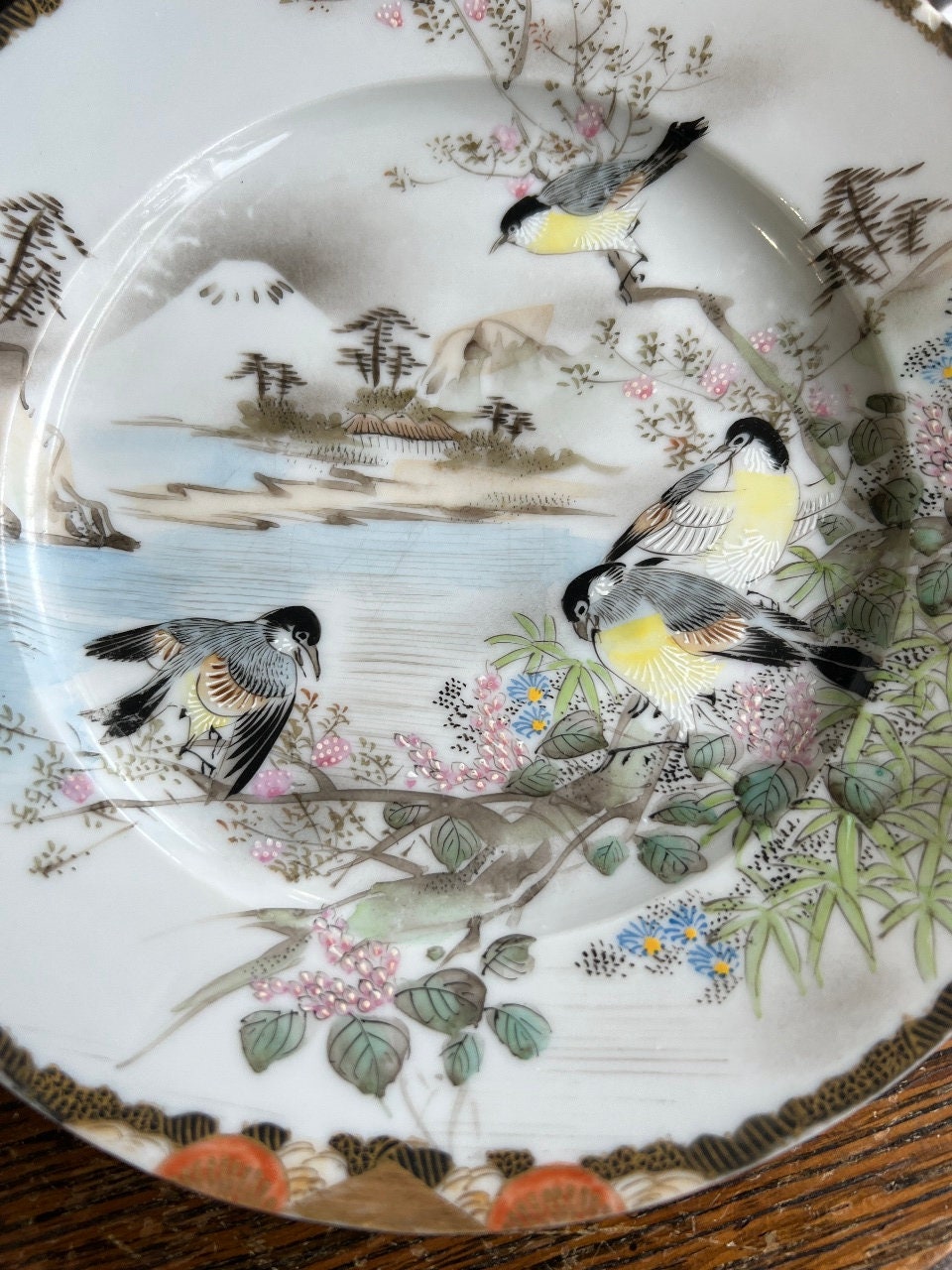 小皿　取り皿　明治初期　富士　夕焼け　朝焼け　月　金彩　吹き掛け　訳あり　窯傷 Antique Japanese Meiji Porcelain Satsuma Plate Hand Painted