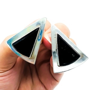 Vintage Mid Century Modernist Taxco Sterling Silver Black Onyx Triangle Earrings/ Vintage Modernist Sterling Onyx Earrings/ Taxco Earrings