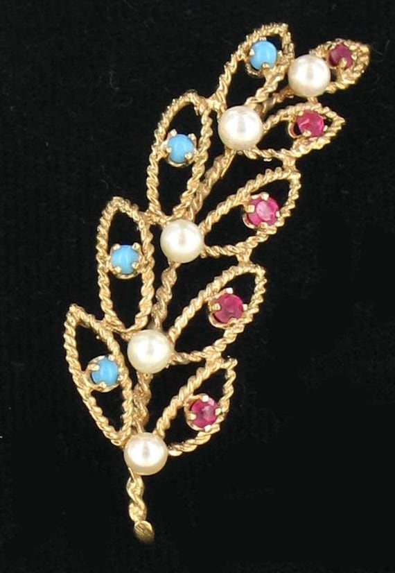 Vintage 14k Gold Filigree Ruby Turquoise Pearl Lea