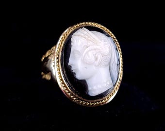 Antique Victorian 14k Gold Carved Hard Stone Black Onyx Cameo Heavy Ring sz 6