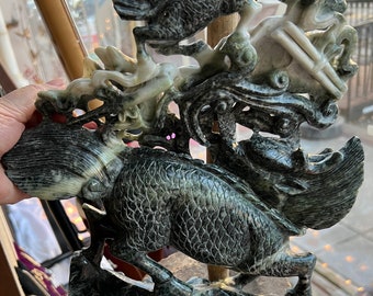 Vintage Chinese Spinach Jade Carving Statue W/ Base Qilin
