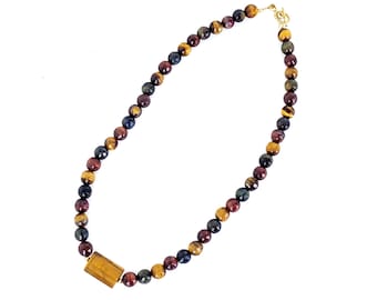 Estate Gold Filled Faceted Gold Red Blue Tigers Eye Gemstone Beaded Necklace 17” / Beaded Necklace / Gold Necklace / Tigers Eye Jewelry