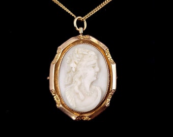 Antique Deco 10k Yellow Gold Cameo Carved Shell Brooch Pin Pendant 1.75” / Cameo Brooch / Cameo Pendant / Gold Jewelry / Gifts for her