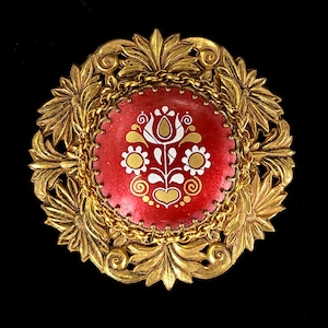 Vintage Miriam Haskell Large Red Enamel Flower Floral Round Brooch Pin 2.5” / Miriam Haskell Jewelry / Haskell brooch / Enamel jewelry