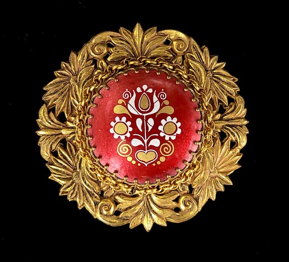 Vintage Miriam Haskell Red Enamel Floral Brooch -… - image 1