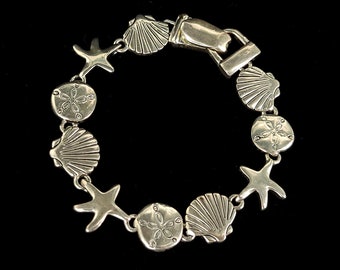 Vintage Silver Plated Seashell Starfish Sand Dollar Bracelet 7.5” / Silver Bracelet / Nautical Bracelet / Nautical Jewelry / Gifts for her