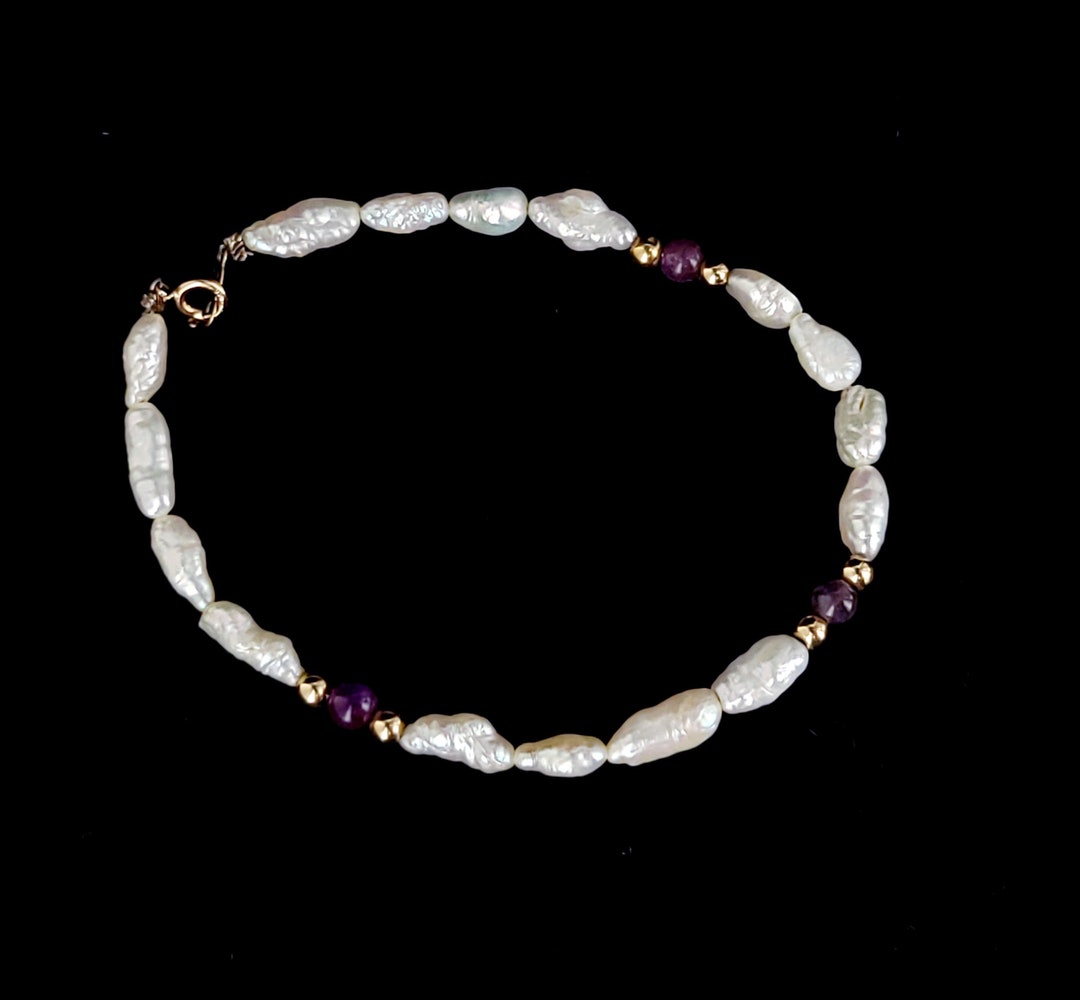 Vintage 14k Yellow Gold Freshwater Pearl Amethyst Beaded Bracelet 7 / Beaded Bracelet / Gold