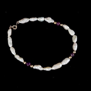 Vintage 14k Yellow Gold Freshwater Pearl Amethyst Beaded Bracelet 7” / Beaded Bracelet / Gold Bracelet / Gold Jewelry / Gifts for Her