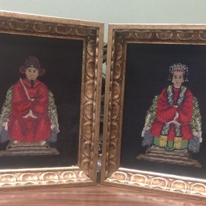 Vintage Hollywood Regency /Fine Needlepoint & Petit point Wall Art/ Asian Chinese Qing Emperor Empress Gold Leaf Frames/ Good Gift/ Best