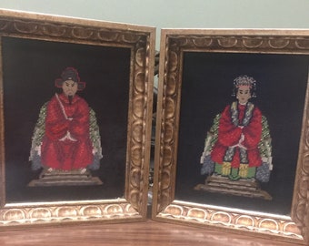 Vintage Hollywood Regency / Fine Needlepoint & Petit point Wall Art / Aziatische Chinese Qing Keizer Keizer keizerin bladgoud frames / goed cadeau / beste