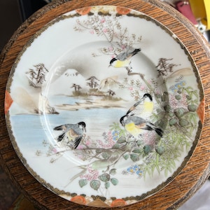 Antike japanische Meiji Porzellan Satsuma Platte handbemalte Vögel Mt.Fuji signiert/ Gutes Geschenk / Haus Geschenk / Japanische Meiji / Satsuma Teller / Geschenk