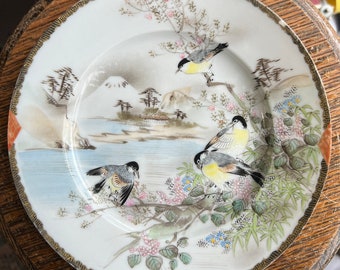 Antique Japanese Meiji Porcelain Satsuma Plate Hand Painted Birds Mt.Fuji Signed/ Good Gift/ House Gift/ Japanese Meiji / Satsuma Plate/Gift
