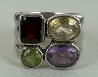 Bague 7 vintage en argent sterling avec pierres précieuses multi-tailles et serti clos