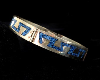 Vintage Mexico Mexican Alpaca Silver Turquoise Mosaic Inlay Bangle