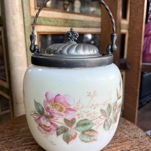 Antique Opalware Satin Glass Hand Painted Floral Biscuit Jar Silver Plate Lid