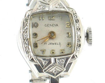 Vintage Deco Geneva 14k White Gold .O8 cttw  Diamonds Ladies Watch With Original Box