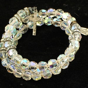 Vintage Sterling Crucifix & Mary Medal Aurora Borealis Crystal Coil Bracelet Adj