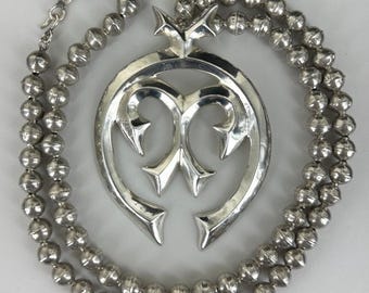 Vintage Sterling Silver Navajo Pearl Naja Large Squash Blossom Pendant Necklace