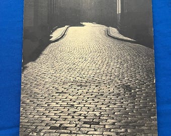 Vintage 1960s European Cobblestone Road Scene B&W Photograph on Large Board